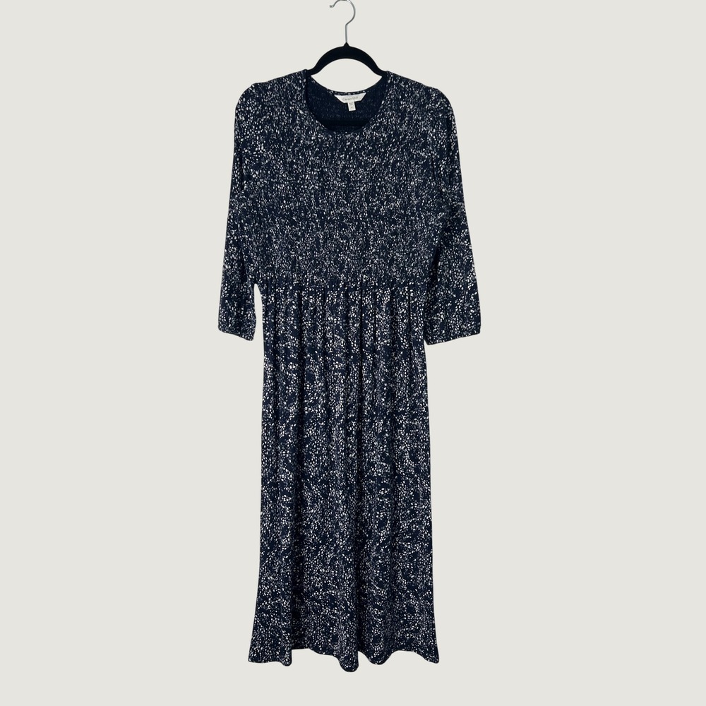 Garnet Hill Midi Dress Womens M Navy Blue Smocked Cottagecore Eco Chic Modest